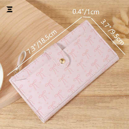 Pink Bow Love Pattern Long Wallet | Slim Fold-Over Women’s Card & Cash Wallet | IBRELIA™