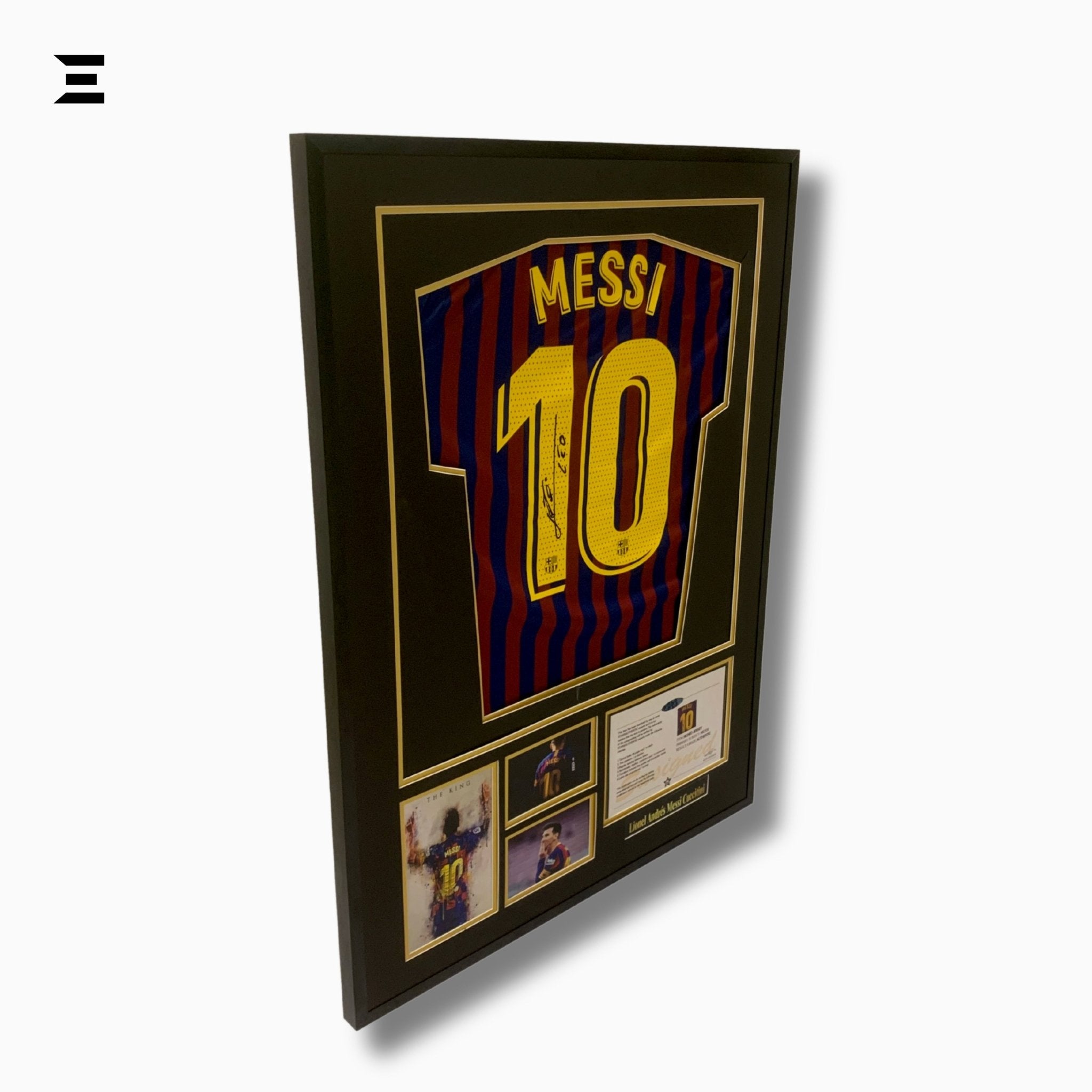 Lionel Messi “Signed” Barcelona Gold Edition Jersey Frame – Facsimile Autograph | Metal & Acrylic Display 23.5 × 31.5 in | IBRELIA™ - IBRELIA