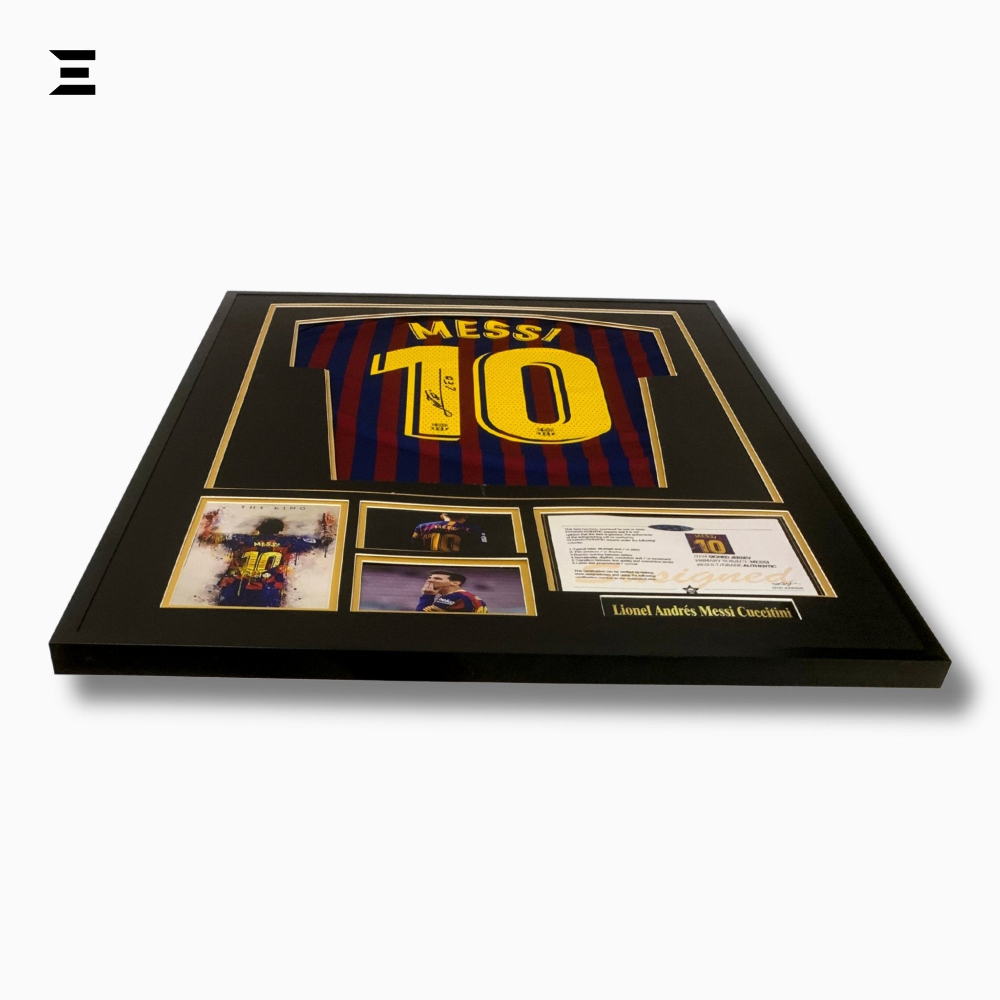 Lionel Messi “Signed” Barcelona Gold Edition Jersey Frame – Facsimile Autograph | Metal & Acrylic Display 23.5 × 31.5 in | IBRELIA™ - IBRELIA