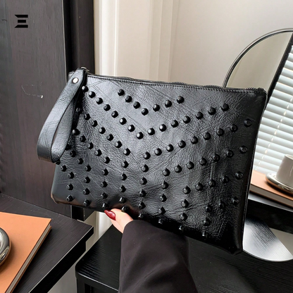 Black Rivet Oversized Wristlet Bag | PU Leather Studded Clutch for Women | IBRELIA™
