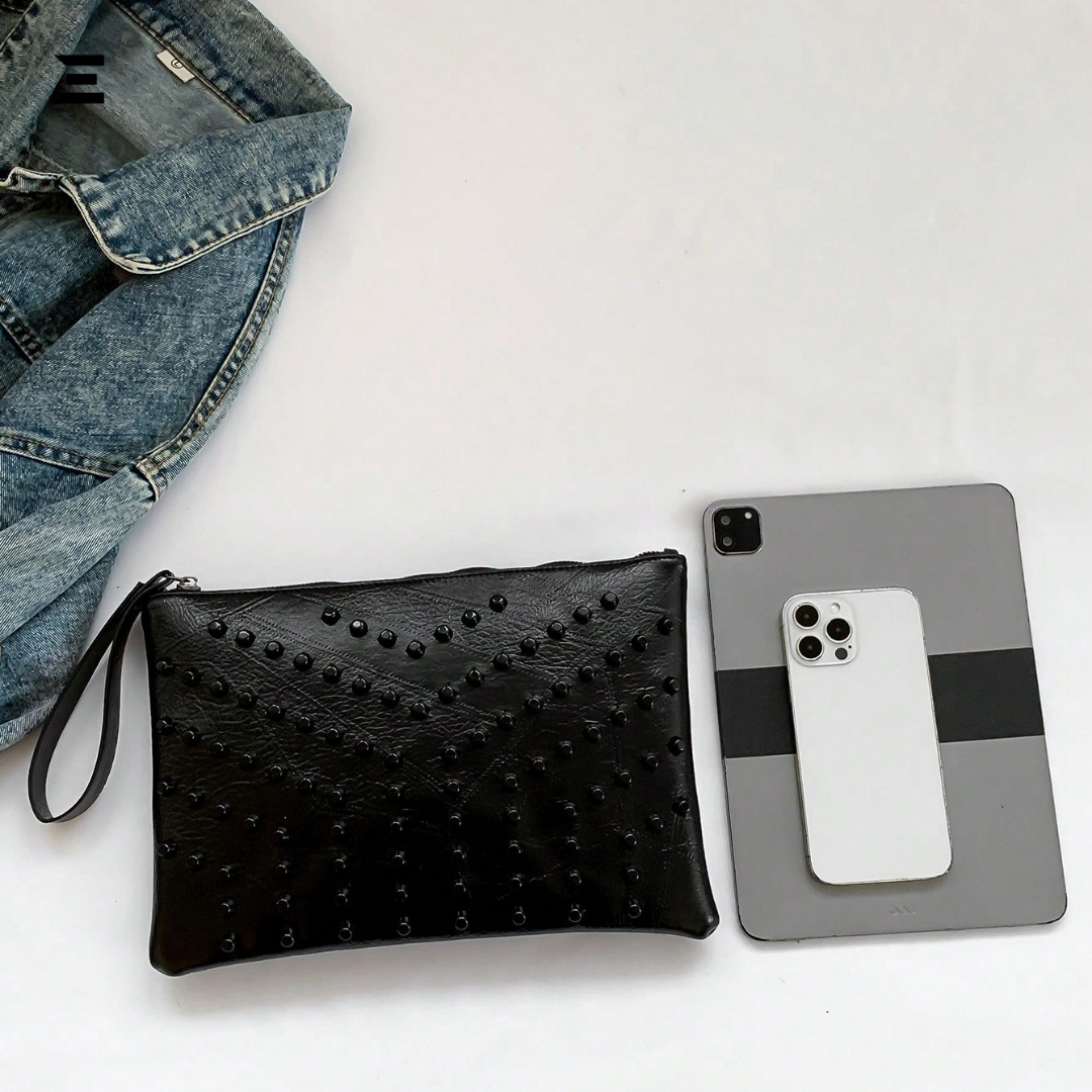 Black Rivet Oversized Wristlet Bag | PU Leather Studded Clutch for Women | IBRELIA™