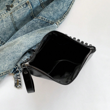 Black Rivet Oversized Wristlet Bag | PU Leather Studded Clutch for Women | IBRELIA™
