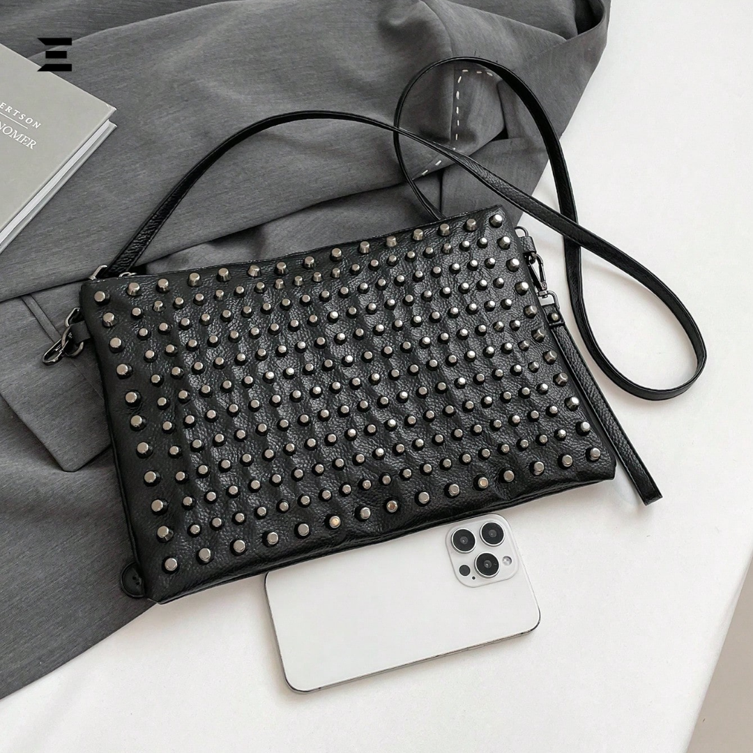 Black Studded Gothic Shoulder Bag – High-End Y2K Crossbody Clutch & Envelope Handbag for Women