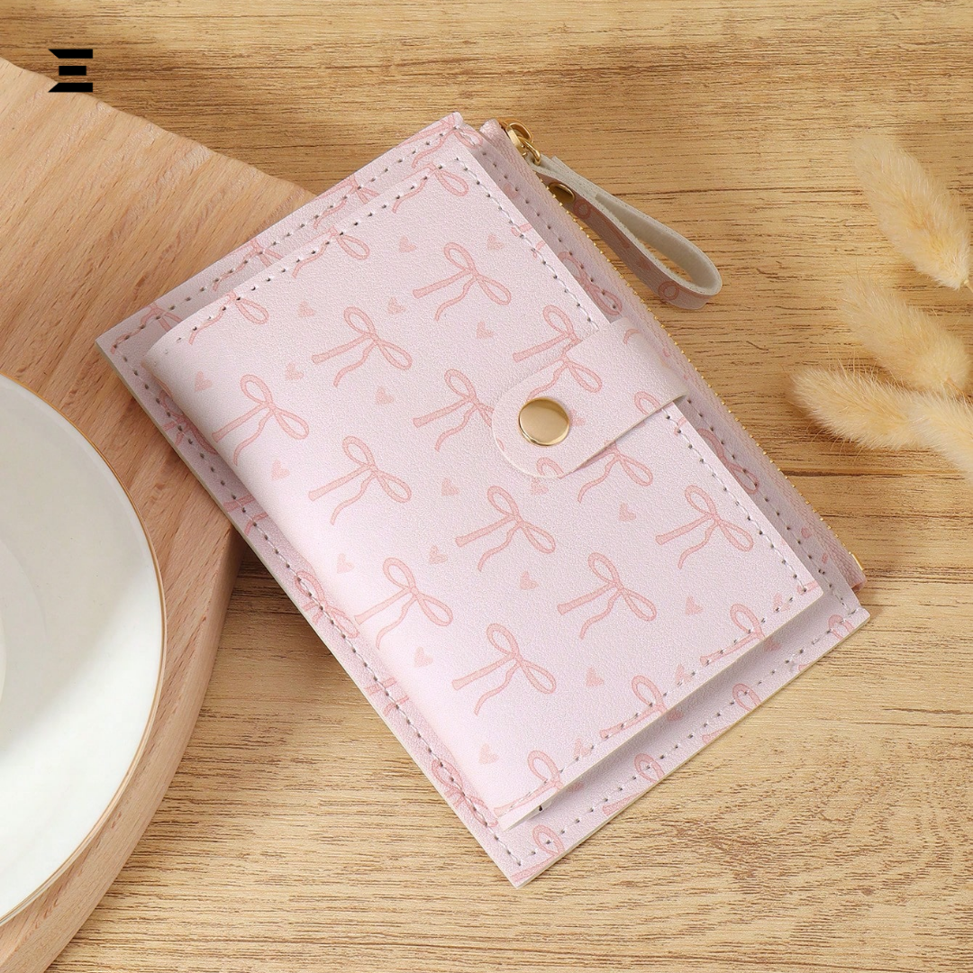 Pink Bow Love Pattern Buckle Wallet – Slim Lightweight Card Holder with Zipper Coin Pocket & Multiple Slots