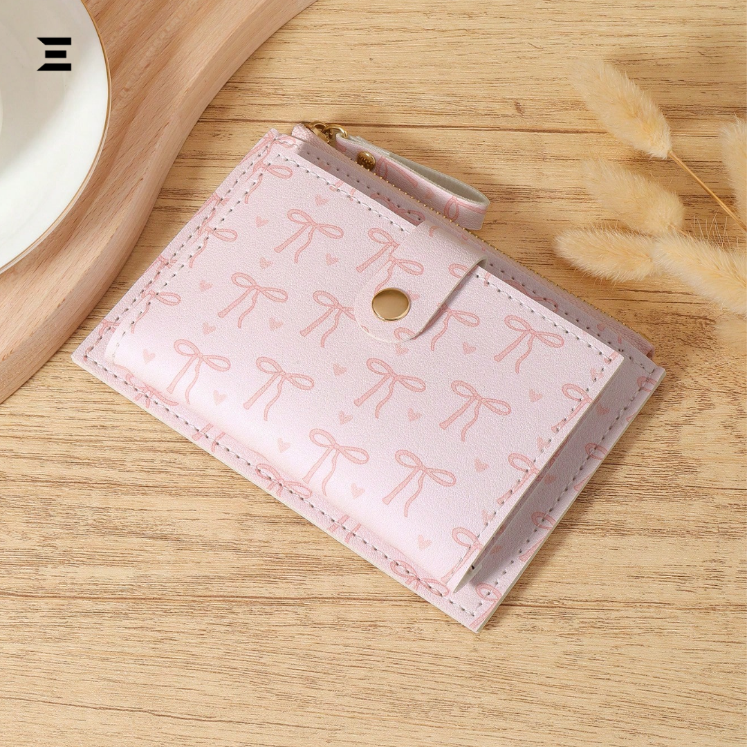 Pink Bow Love Pattern Buckle Wallet – Slim Lightweight Card Holder with Zipper Coin Pocket & Multiple Slots