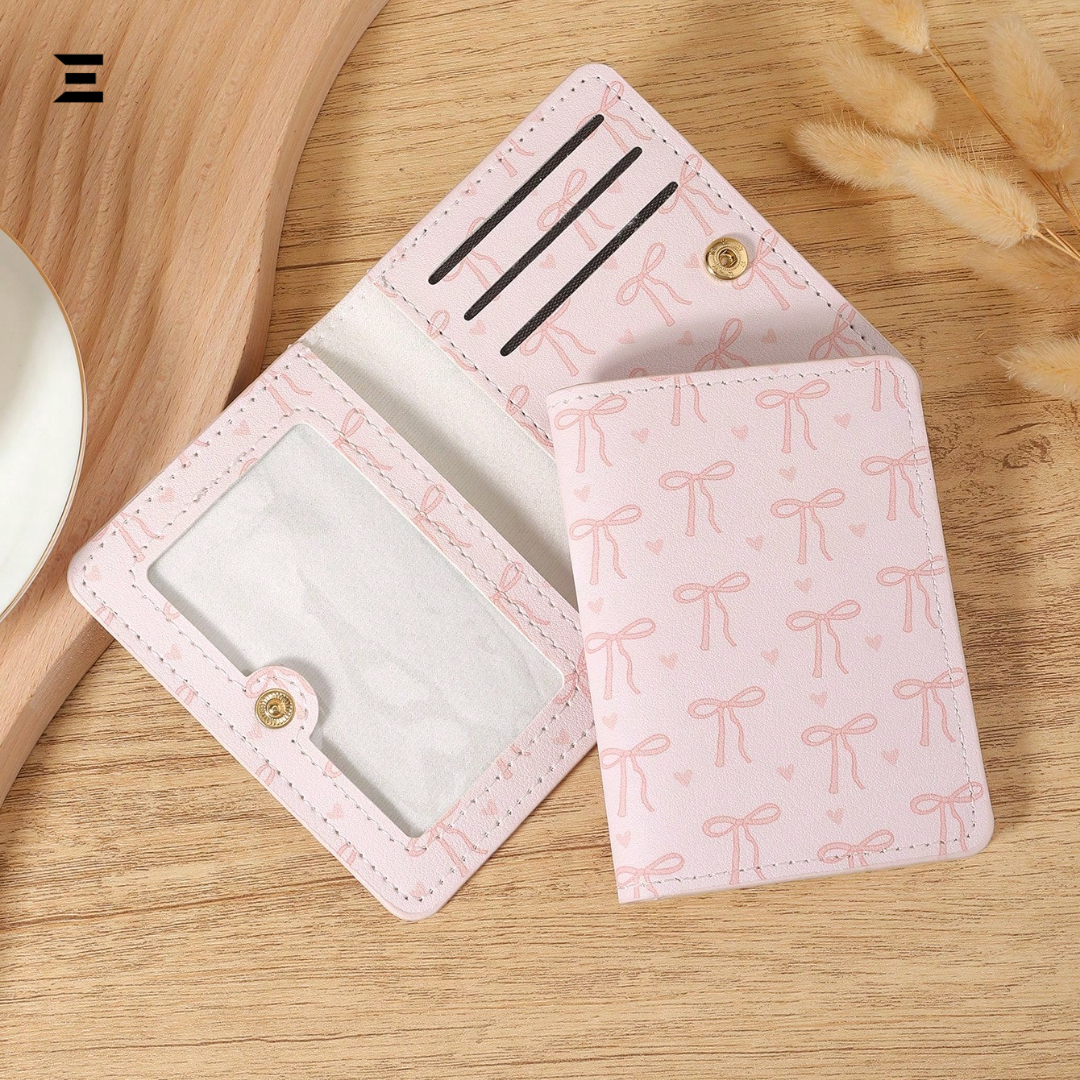 Pink Bow Love Pattern Mini Purse & Pocket Wallet – Slim Lightweight Card Holder with ID Window & Cash Slot for Women & Girls