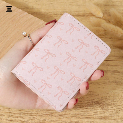 Pink Bow Love Pattern Mini Purse & Pocket Wallet – Slim Lightweight Card Holder with ID Window & Cash Slot for Women & Girls