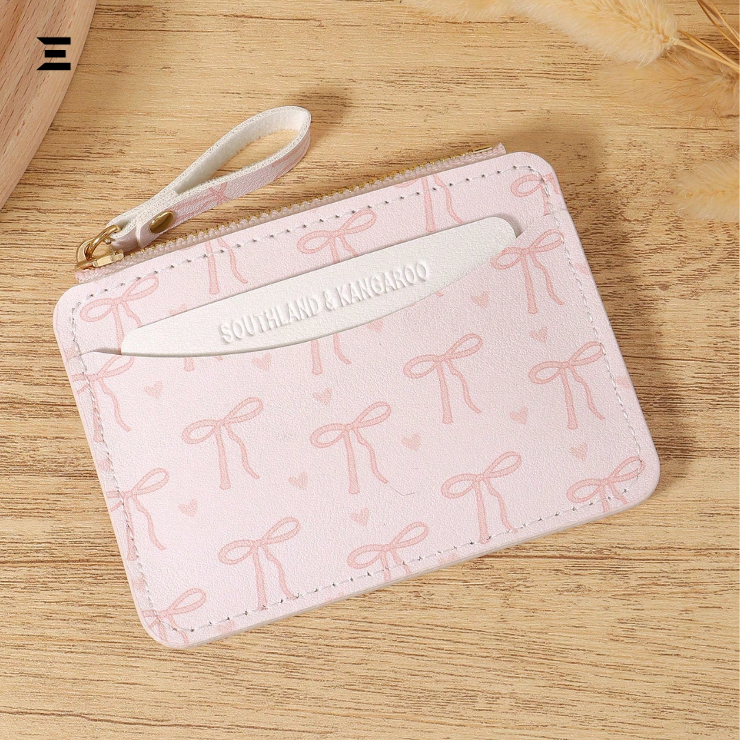 Pink Bow Love Pattern Slim Card Holder – Lightweight Zipper Wallet with Multi Card Slots