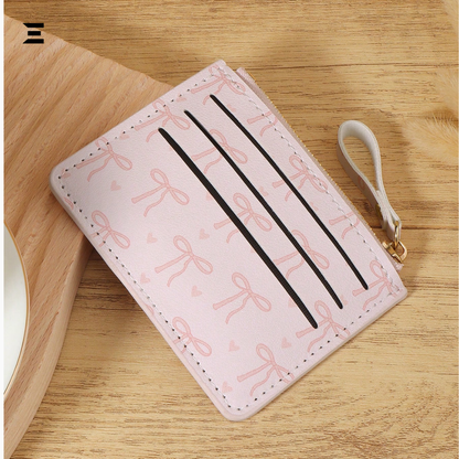 Pink Bow Love Pattern Slim Card Holder – Lightweight Zipper Wallet with Multi Card Slots