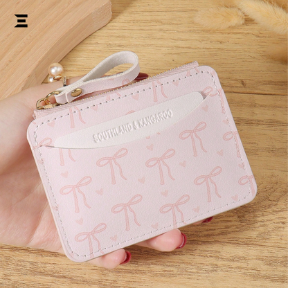 Pink Bow Love Pattern Slim Card Holder – Lightweight Zipper Wallet with Multi Card Slots