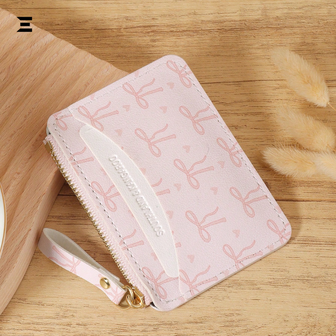 Pink Bow Love Pattern Slim Card Holder – Lightweight Zipper Wallet with Multi Card Slots