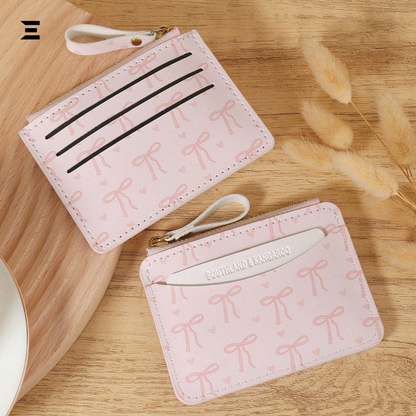 Pink Bow Love Pattern Slim Card Holder – Lightweight Zipper Wallet with Multi Card Slots