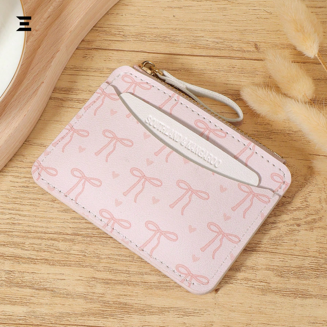 Pink Bow Love Pattern Slim Card Holder – Lightweight Zipper Wallet with Multi Card Slots