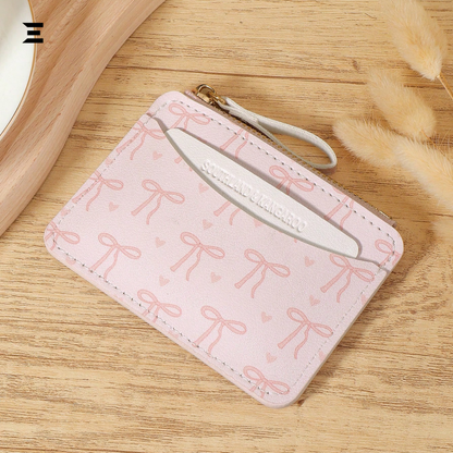 Pink Bow Love Pattern Slim Card Holder – Lightweight Zipper Wallet with Multi Card Slots