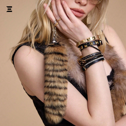 Premium Faux Fur Tail Keychain – Tiger Stripe Plush Accessory for Bags, Jeans & Backpacks