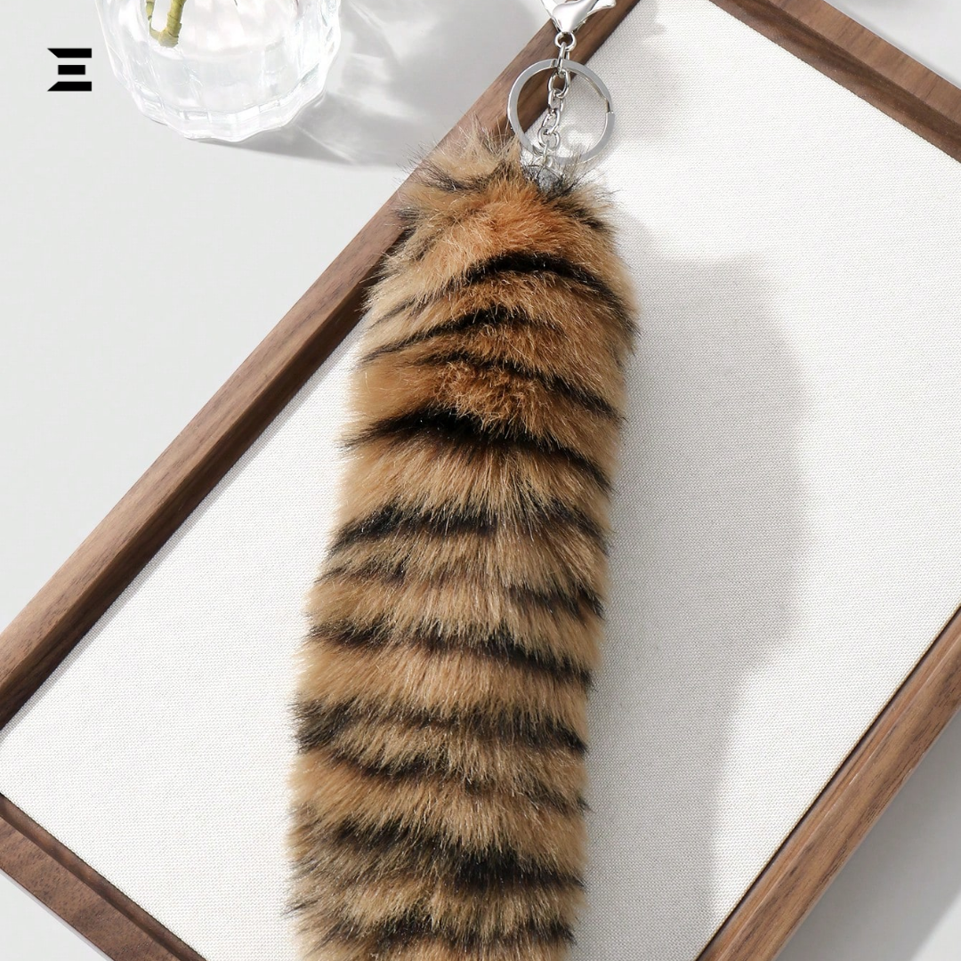 Premium Faux Fur Tail Keychain – Tiger Stripe Plush Accessory for Bags, Jeans & Backpacks