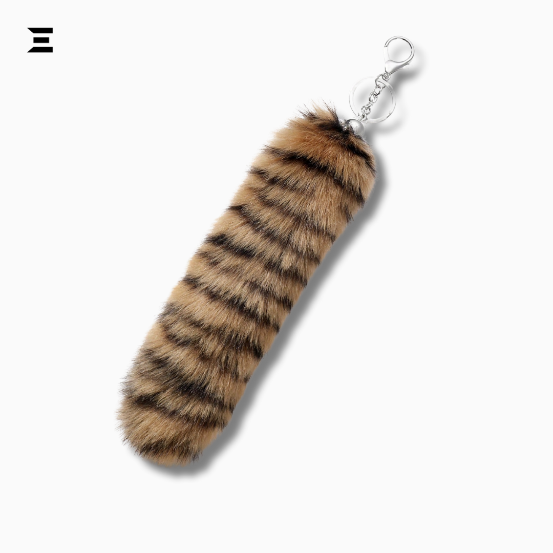 Premium Faux Fur Tail Keychain – Tiger Stripe Plush Accessory for Bags, Jeans & Backpacks