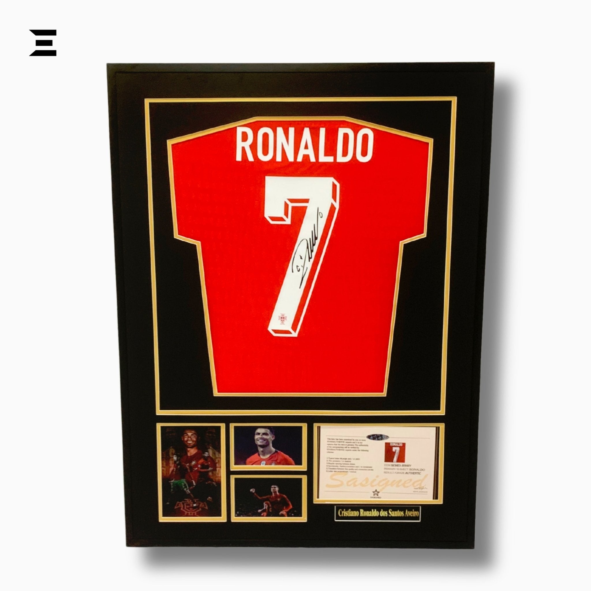Cristiano Ronaldo “Signed” Portugal Gold Edition Jersey Frame – Facsimile Autograph | Metal & Acrylic Display 23.5 × 31.5 in | IBRELIA™ - IBRELIA