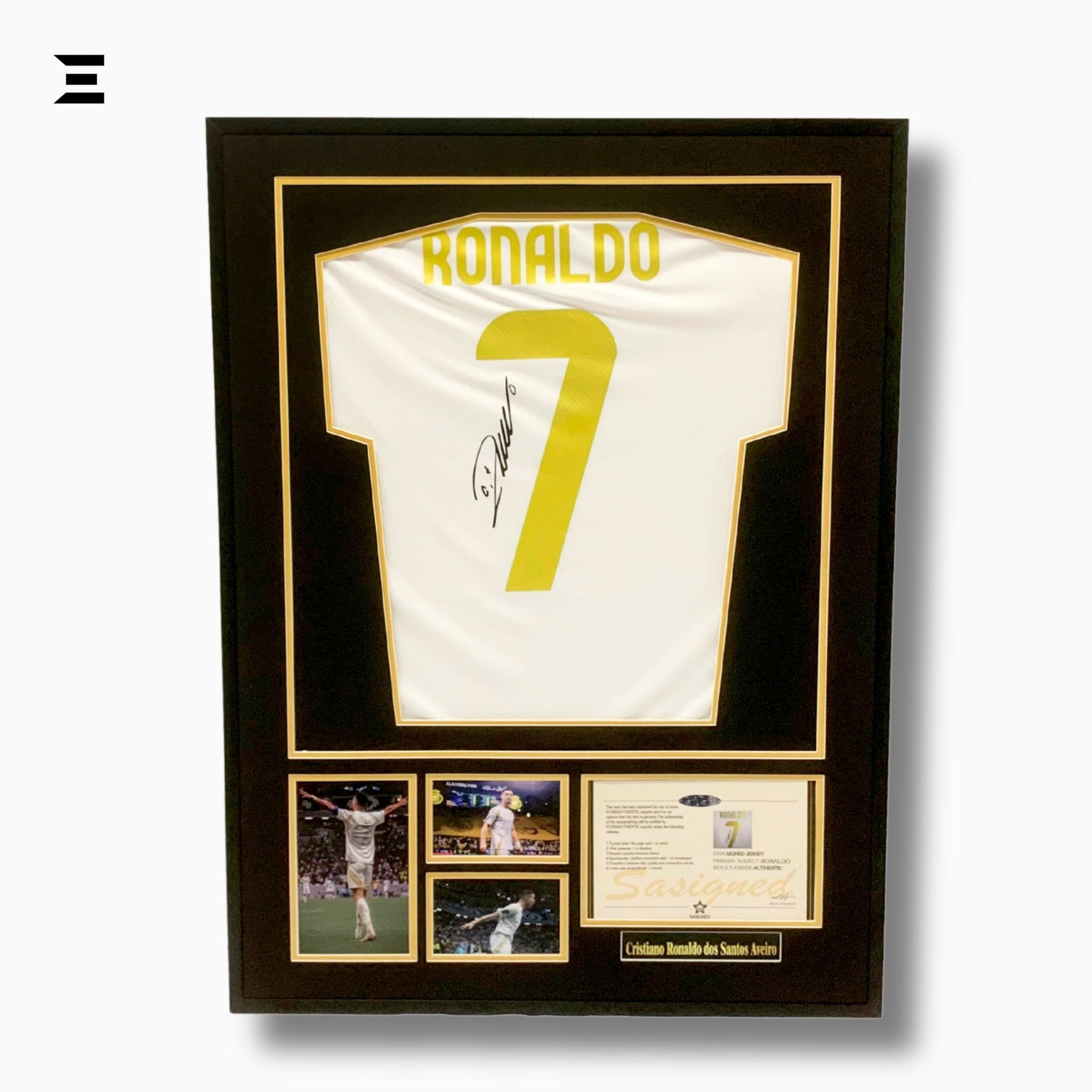 Cristiano Ronaldo “Signed” Real Madrid Gold Edition Jersey Frame – Facsimile Autograph | Metal & Acrylic Display 23.5 × 31.5 in | IBRELIA™ - IBRELIA