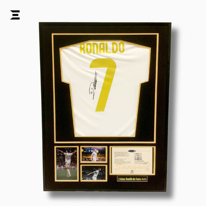 Cristiano Ronaldo “Signed” Real Madrid Gold Edition Jersey Frame – Facsimile Autograph | Metal & Acrylic Display 23.5 × 31.5 in | IBRELIA™ - IBRELIA