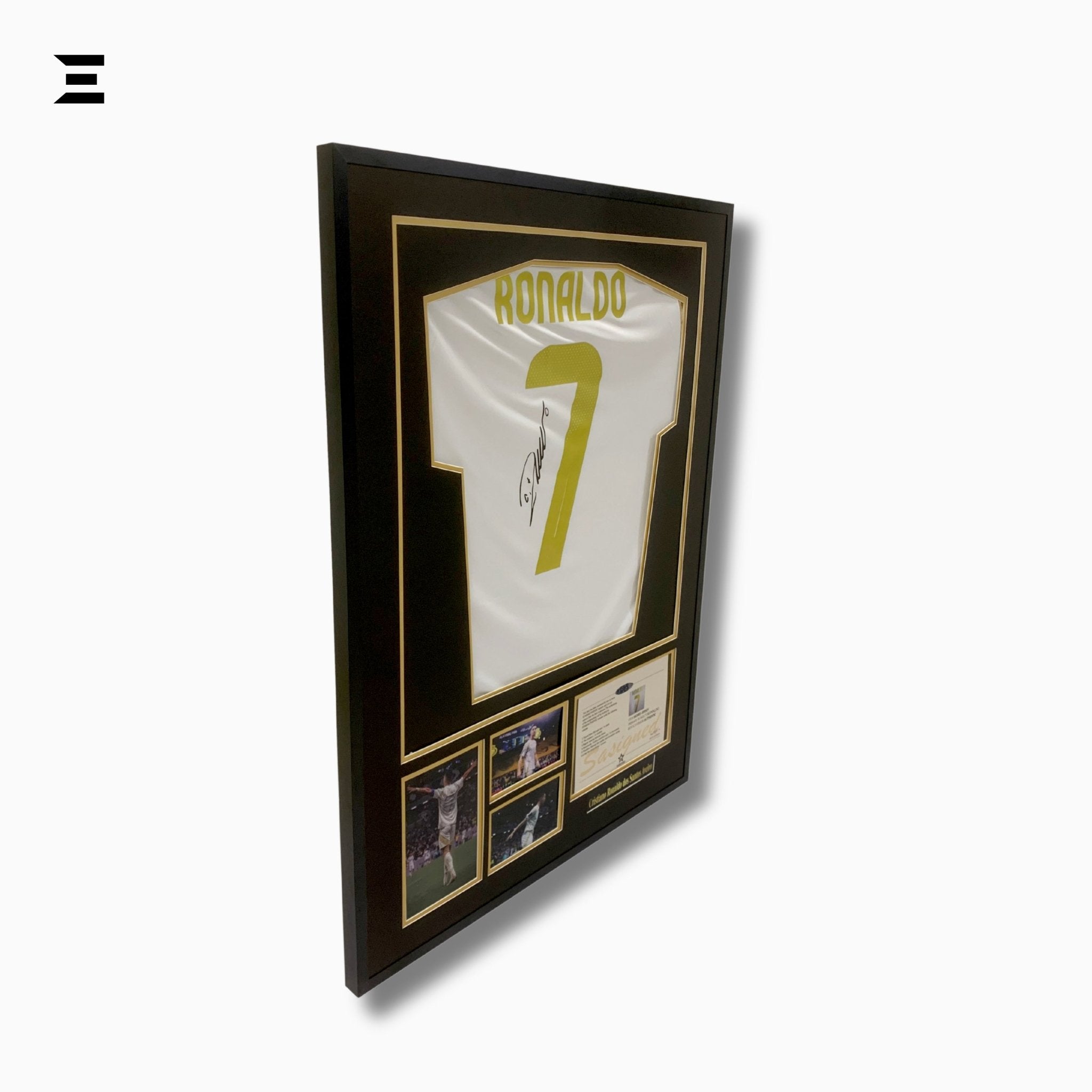 Cristiano Ronaldo “Signed” Real Madrid Gold Edition Jersey Frame – Facsimile Autograph | Metal & Acrylic Display 23.5 × 31.5 in | IBRELIA™ - IBRELIA