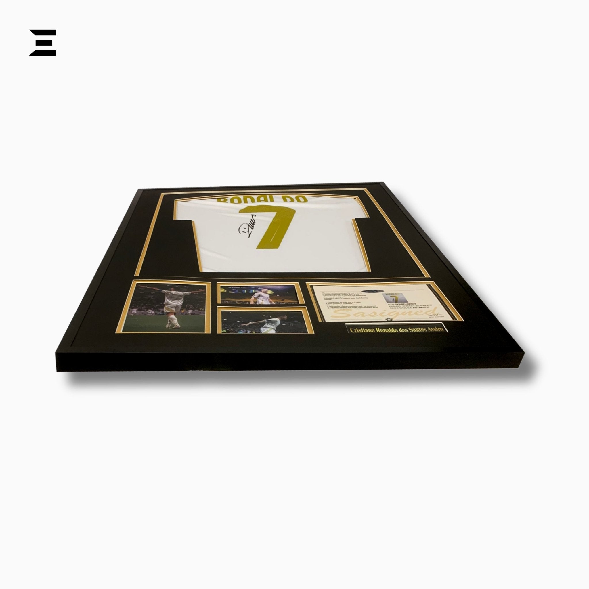 Cristiano Ronaldo “Signed” Real Madrid Gold Edition Jersey Frame – Facsimile Autograph | Metal & Acrylic Display 23.5 × 31.5 in | IBRELIA™ - IBRELIA
