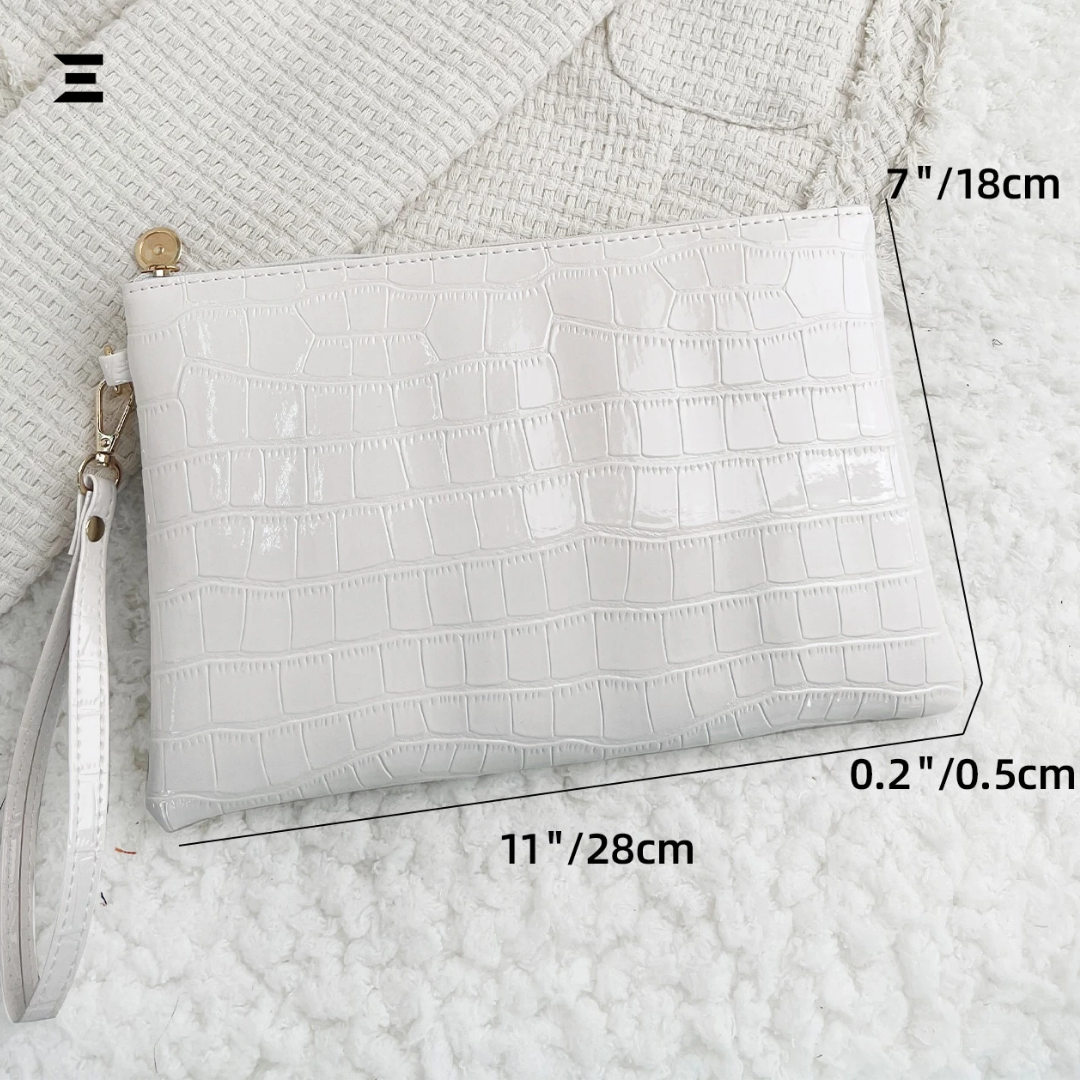Premium White Crocodile-Embossed Women’s Clutch – Elegant Wristlet, PU Leather, Daily & Party Bag