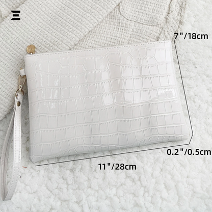 Premium White Crocodile-Embossed Women’s Clutch – Elegant Wristlet, PU Leather, Daily & Party Bag
