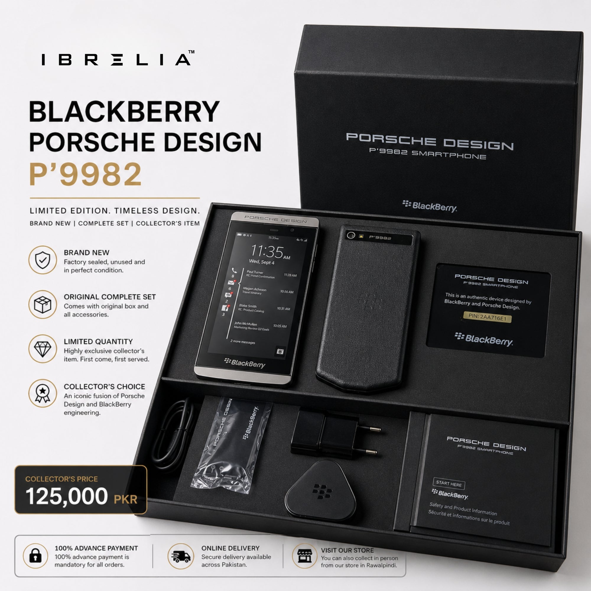 BlackBerry Porsche Design P’9982 – Brand New Collector’s Set with Original Box & Accessories
