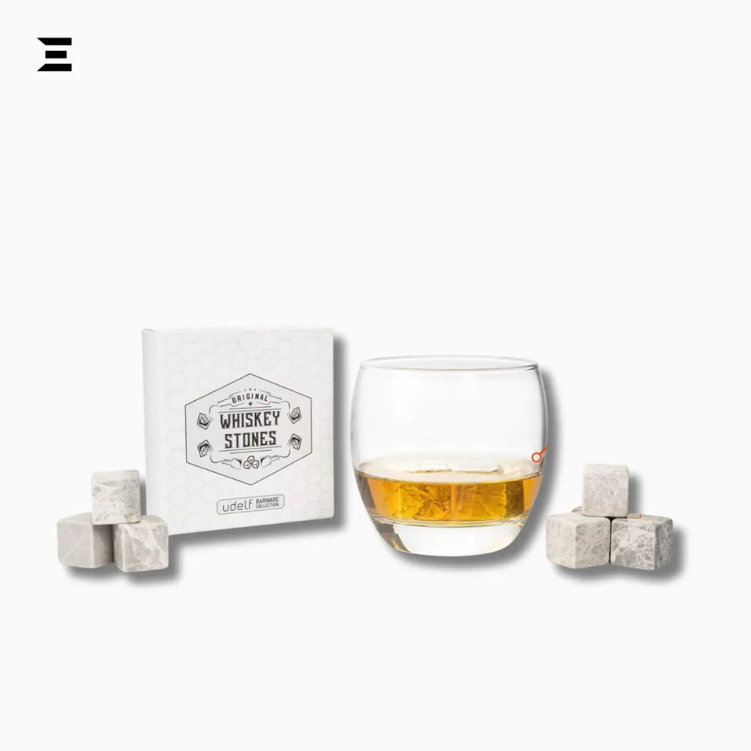 Hediyesepeti Whiskey Stones Set – 12 Marble Ice Cubes with Gift Box & Fabric Bag (Grey) IBRELIA