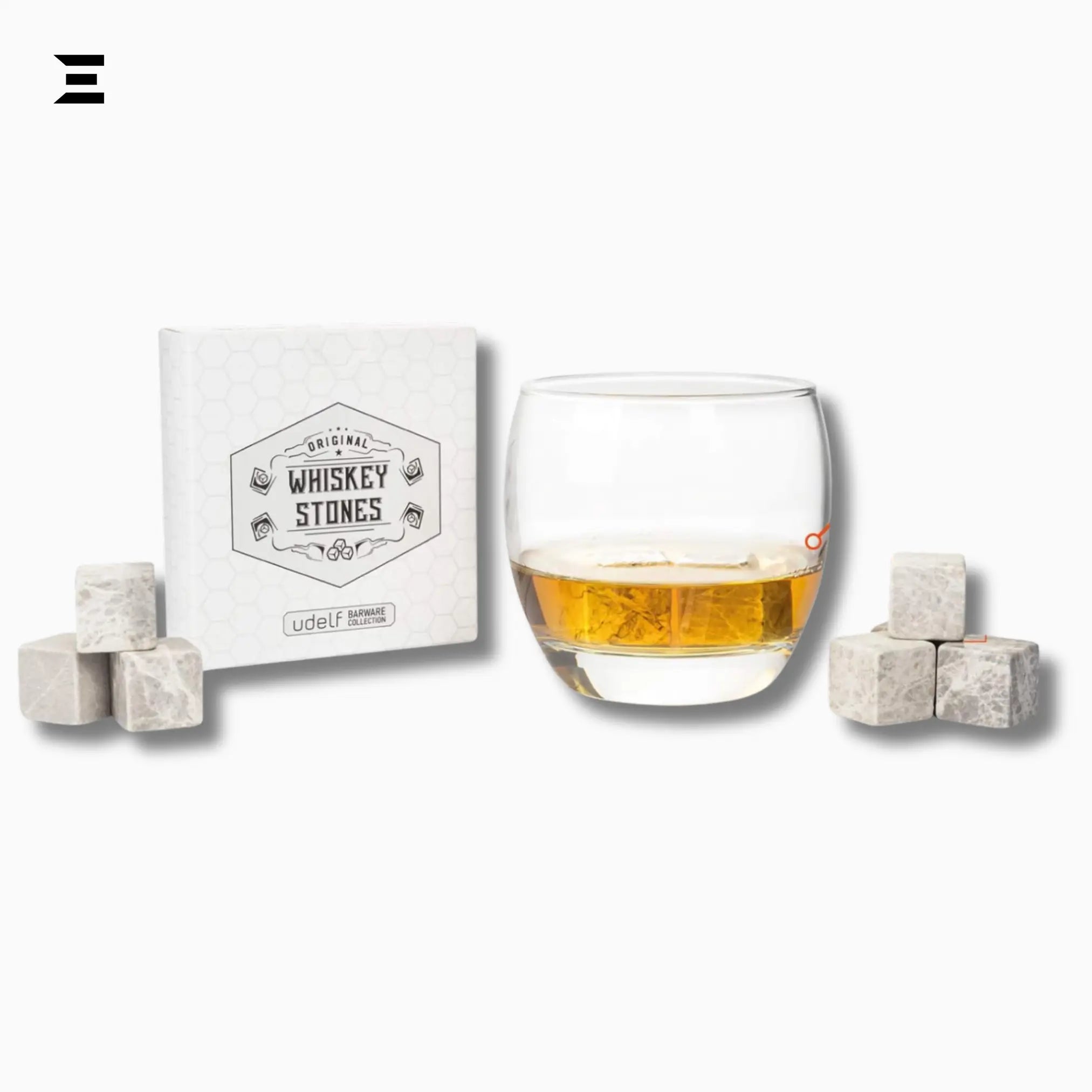 Hediyesepeti Whiskey Stones Set – 12 Marble Ice Cubes with Gift Box & Fabric Bag (Grey) - IBRELIA