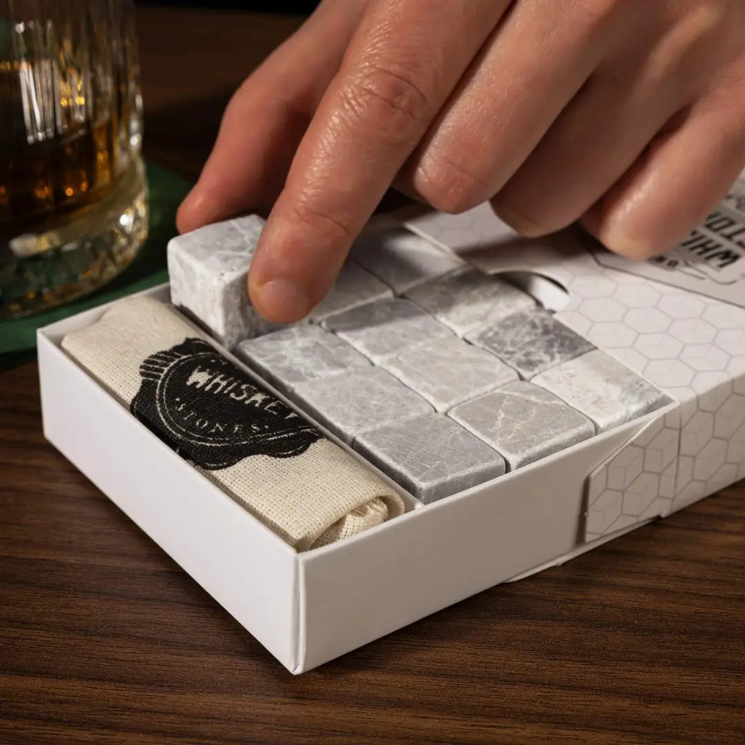 Hediyesepeti Whiskey Stones Set – 12 Marble Ice Cubes with Gift Box & Fabric Bag (Grey) IBRELIA