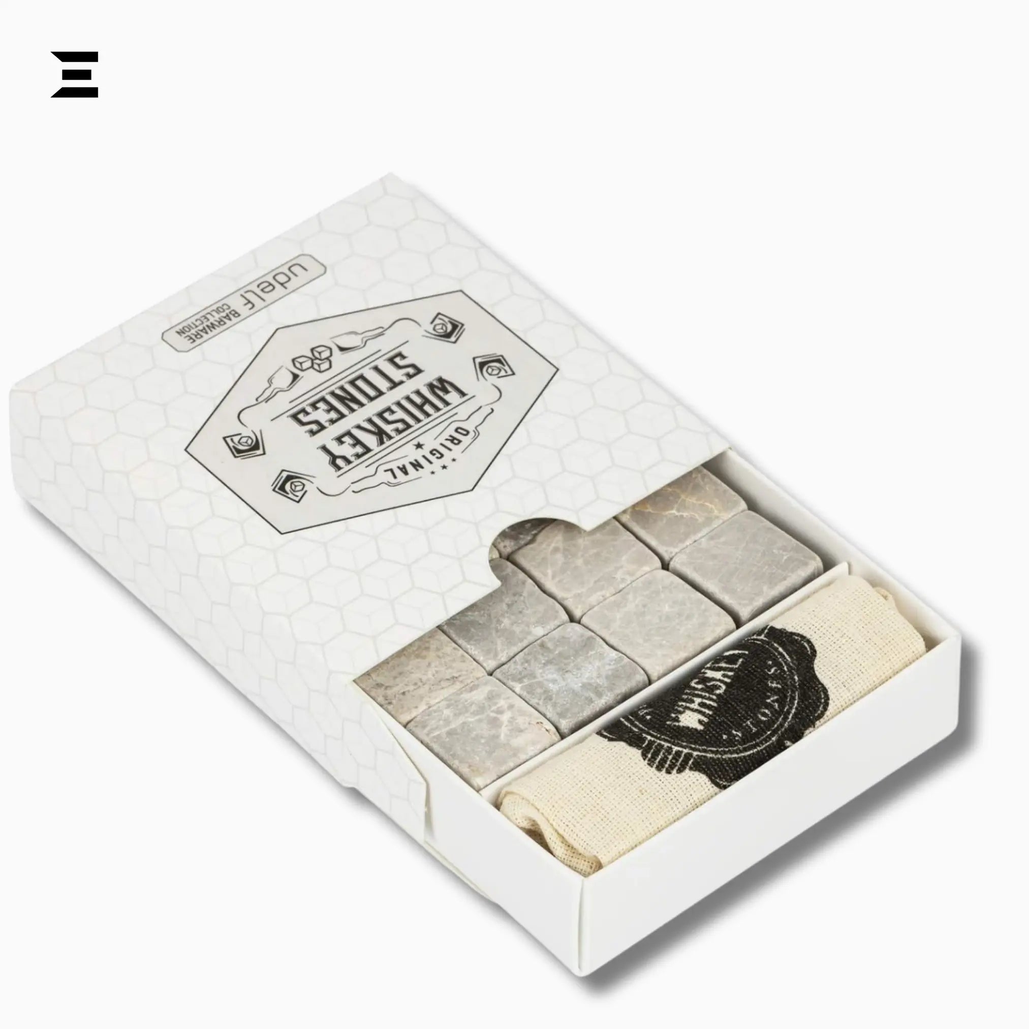 Hediyesepeti Whiskey Stones Set – 12 Marble Ice Cubes with Gift Box & Fabric Bag (Grey) - IBRELIA