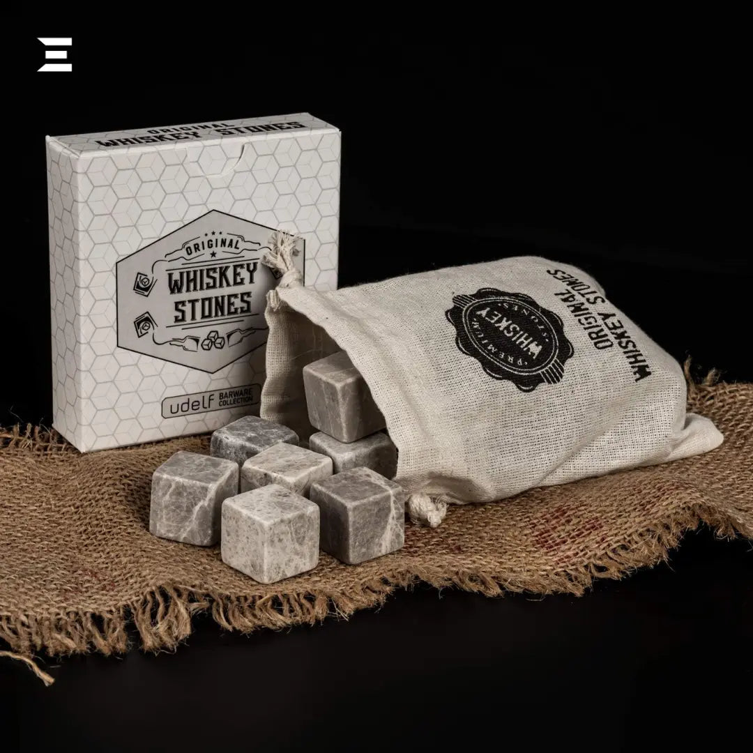 Hediyesepeti Whiskey Stones Set – 12 Marble Ice Cubes with Gift Box & Fabric Bag (Grey) IBRELIA