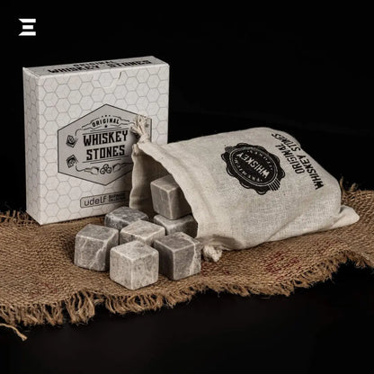 Hediyesepeti Whiskey Stones Set – 12 Marble Ice Cubes with Gift Box & Fabric Bag (Grey) IBRELIA