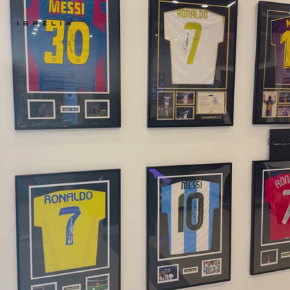 Lionel Messi “Signed” Barcelona Gold Edition Jersey Frame – Facsimile Autograph | Metal & Acrylic Display 23.5 × 31.5 in | IBRELIA™