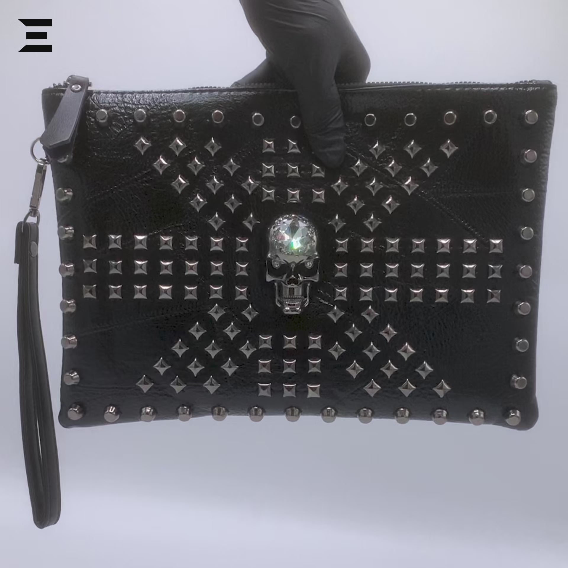 Black Skull Rivet Leather Clutch – Men’s Punk-Style Handbag | IBRELIA™
