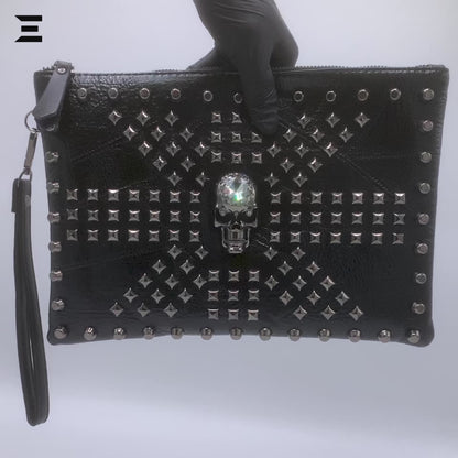 Black Skull Rivet Leather Clutch – Men’s Punk-Style Handbag | IBRELIA™