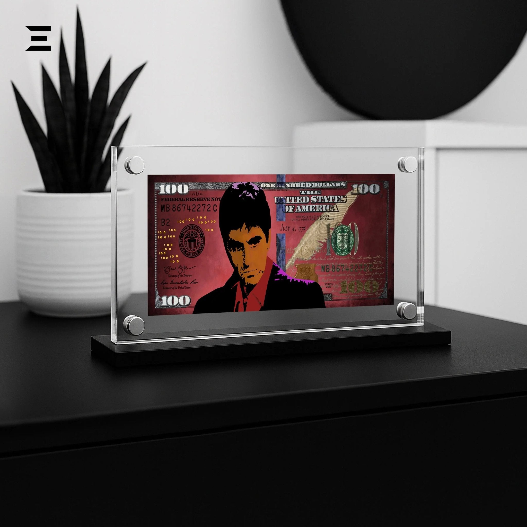 Premium Magnetic Acrylic Frame with Black Base – Scarface $100 Bill Edition - IBRELIA