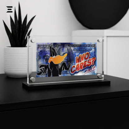Premium Magnetic Acrylic Frame with Black Base – Daffy Duck “Who Cares? Money” Pop Art IBRELIA