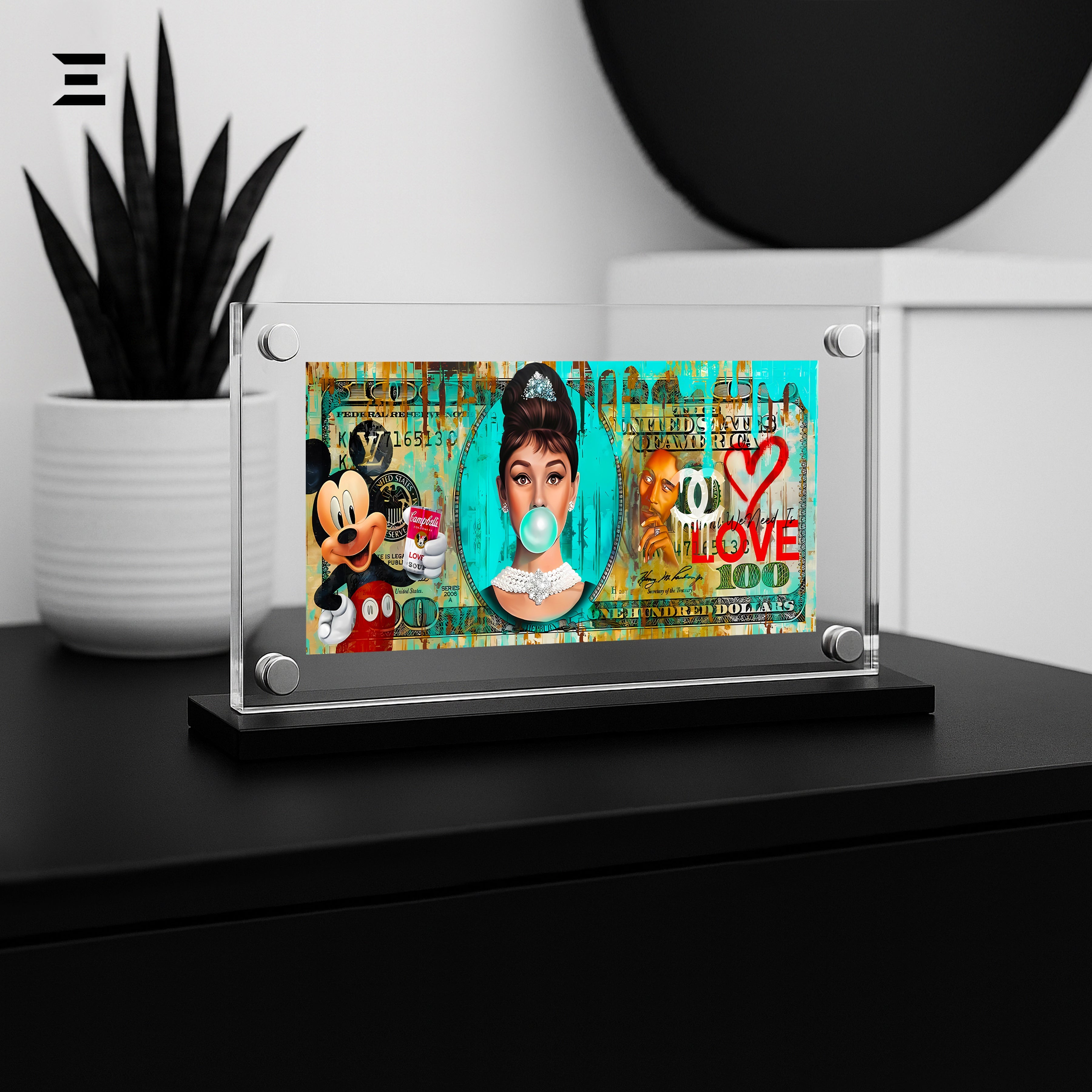 Premium Magnetic Acrylic Frame with Black Base – Audrey Hepburn, Mickey Mouse & LOVE Art IBRELIA