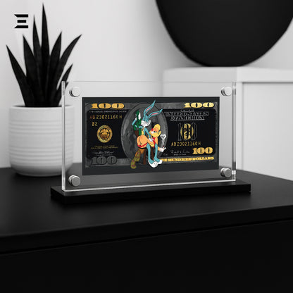 Premium Magnetic Acrylic Frame with Black Base – Bugs Bunny & Lola Bunny $100 Pop Art IBRELIA